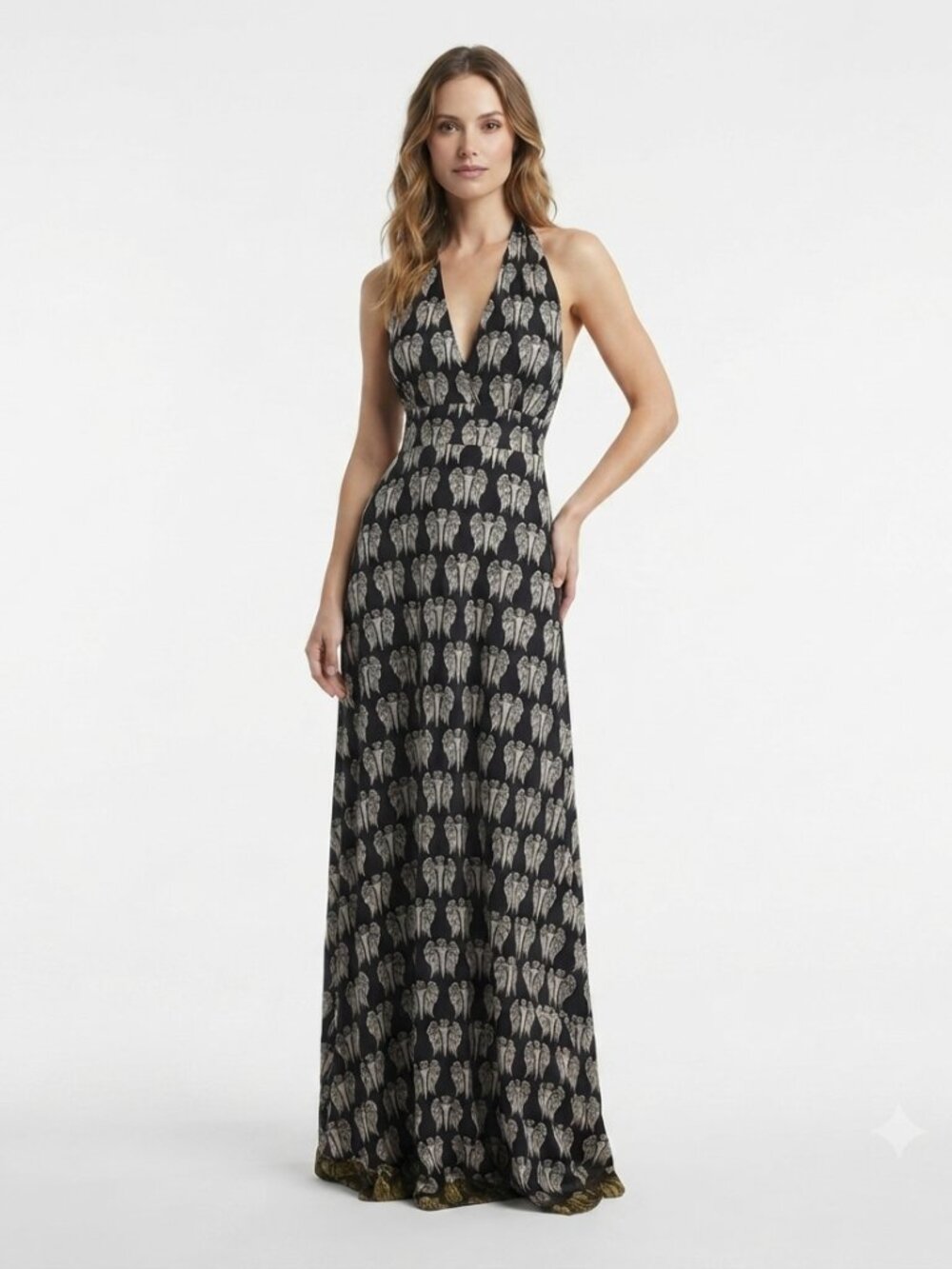 FAITH CONNEXION BLACK COMBO ALLOVER WINGS HALTER STRETCH LONG DRESS - M